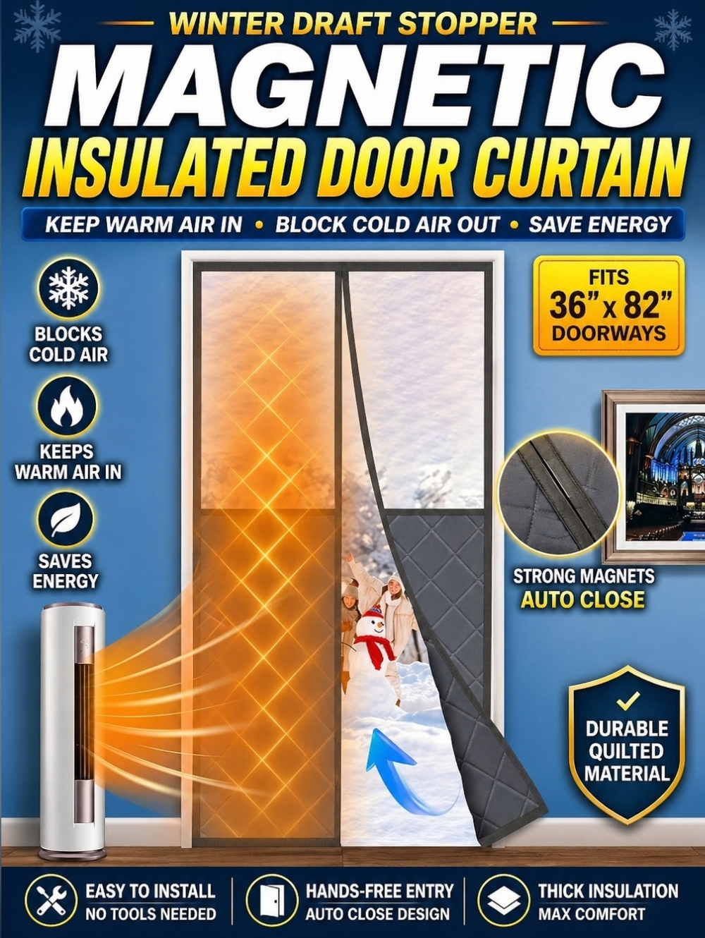 Insulated Magnetic Door Curtain 38x84 Thermal Draft Blocker Grey Quilted Screen